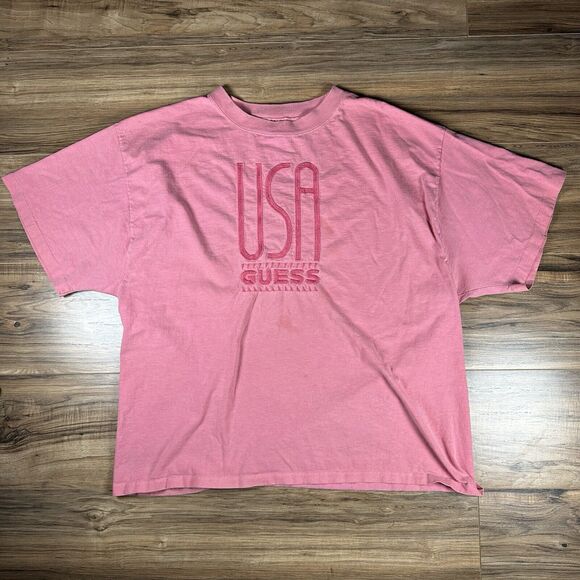 Vintage Guess USA T Shirt Men’s 2XL Spell Out Y2K 90’s Pink READ - Picture 1 of 7